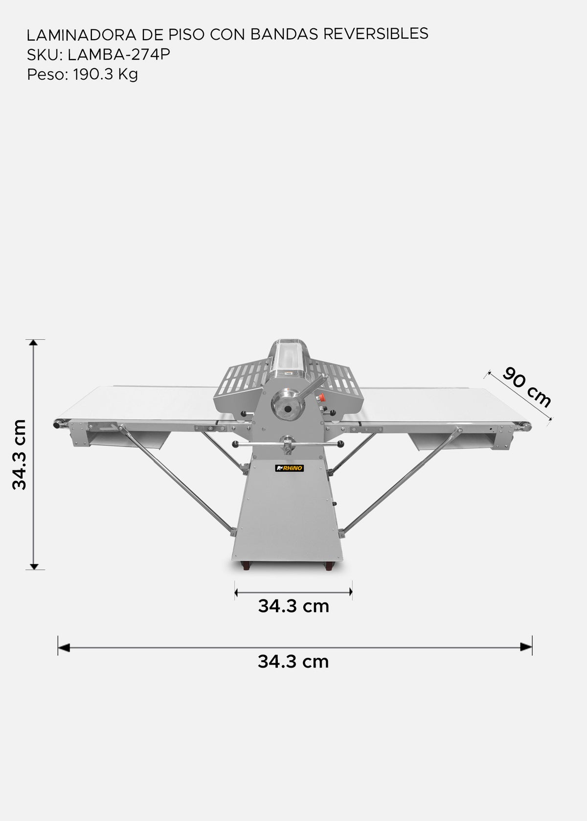 Diagrama de medidas de la laminadora de piso con brazos abiertos — Rhino LAMBA-274P