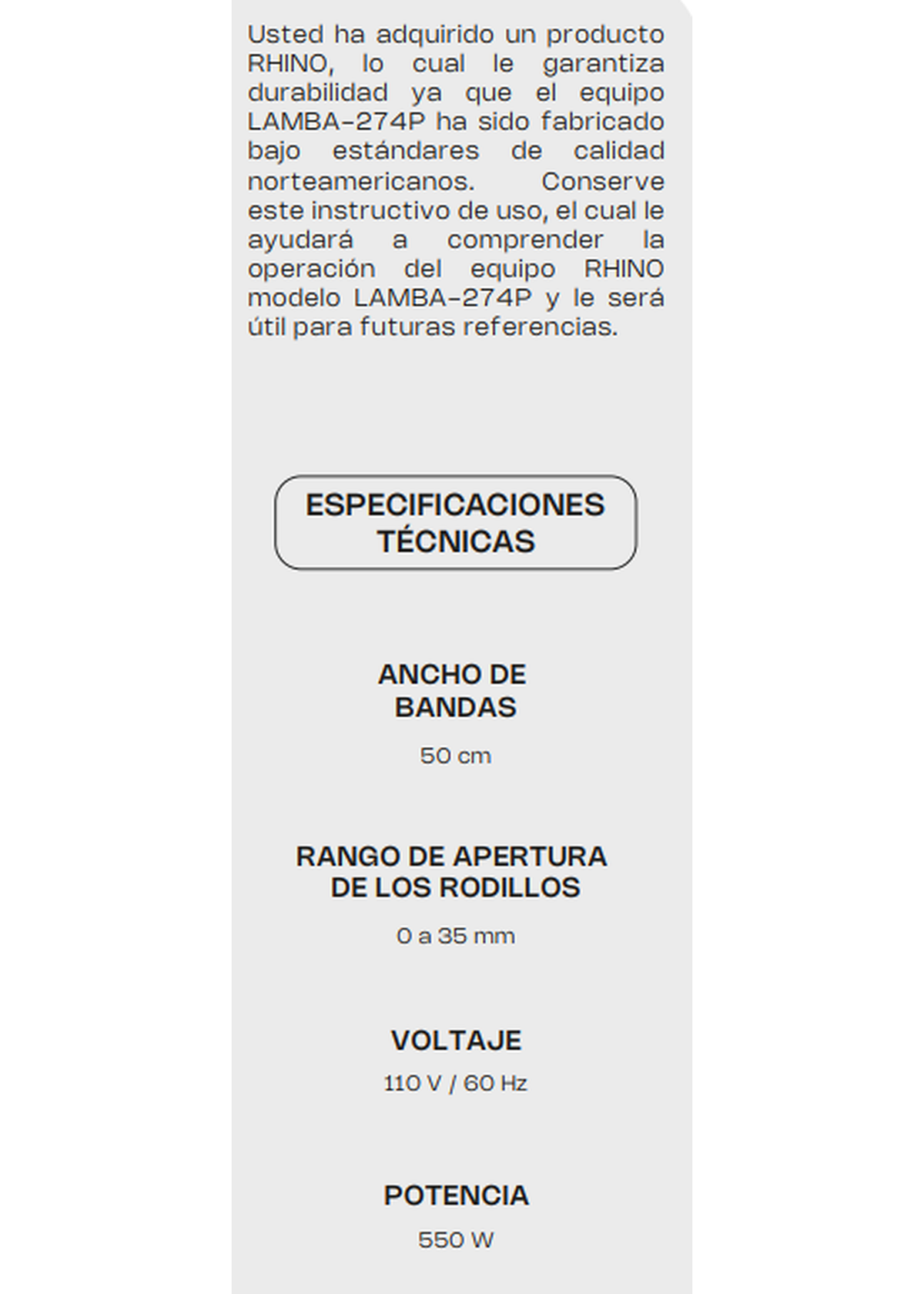 Especificaciones del manual de la laminadora de piso — Rhino LAMBA-274P