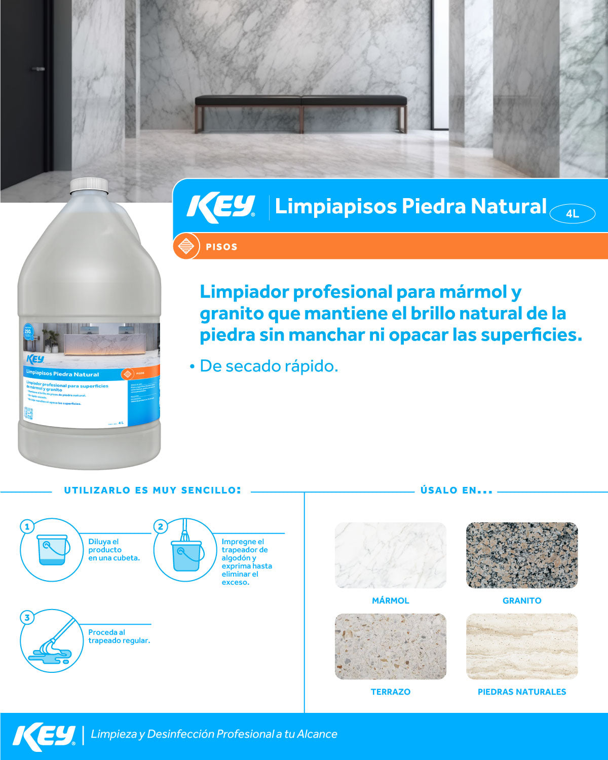 Limpia pisos profesional piedra natural, marmol y granito 4 L