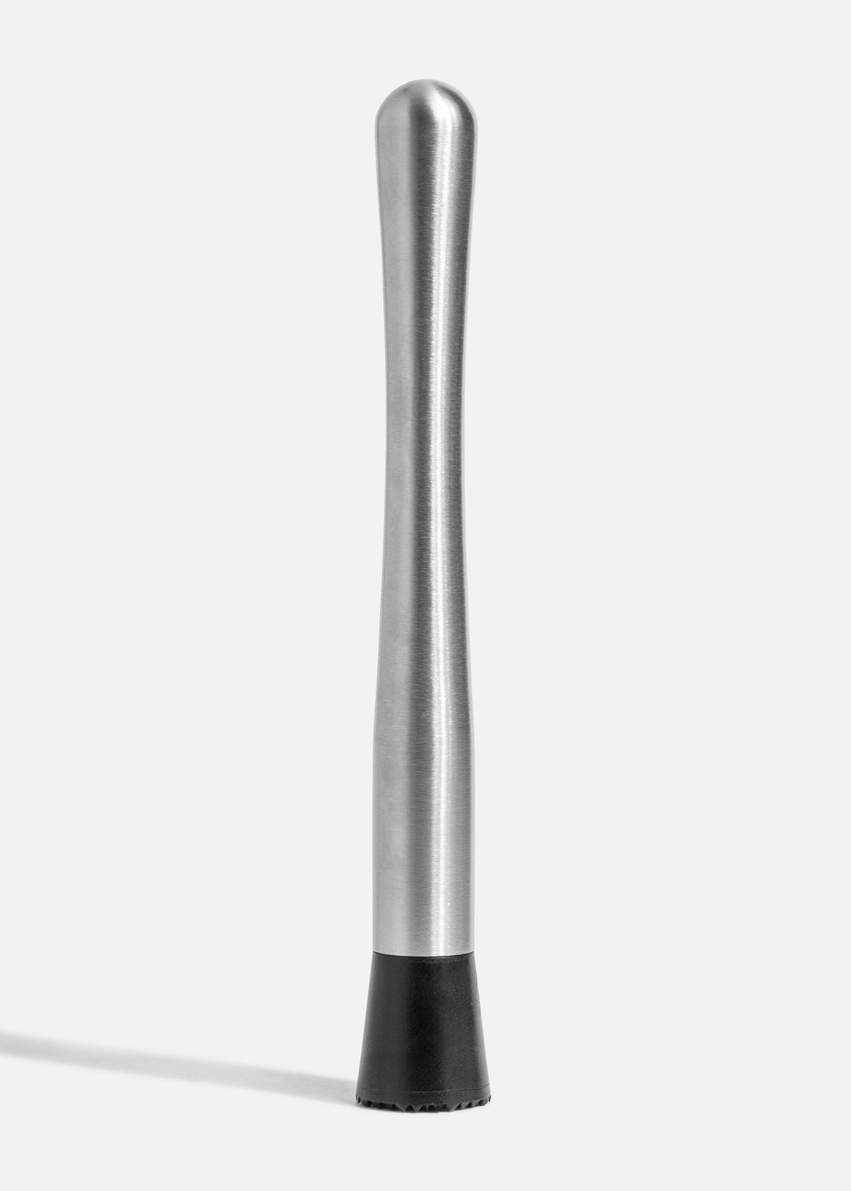 Macerador para bar de acero inoxidable color plata con base negra, vista completa de 25 cm.