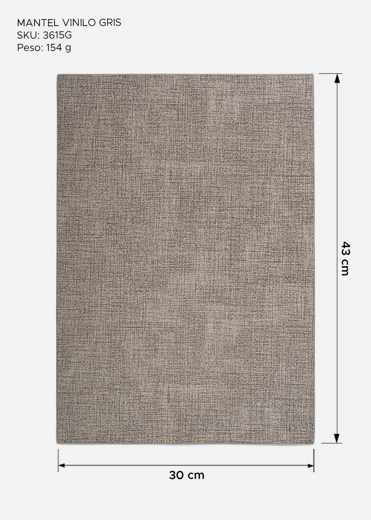 Medidas del mantel individual de vinilo gris: 43 cm de largo, 30 cm de ancho y peso de 154 g.