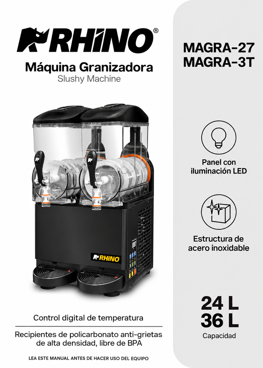 Portada del manual compartido de granizadoras Rhino MAGRA-2T y MAGRA-3T — Rhino MAGRA-2T