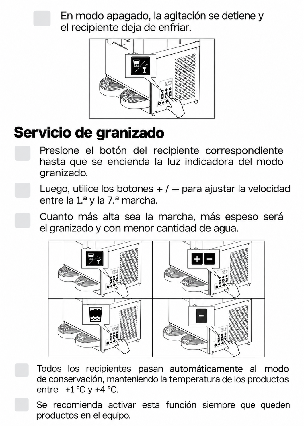 Selección del modo granizado y ajuste de consistencia — Rhino MAGRA-2T