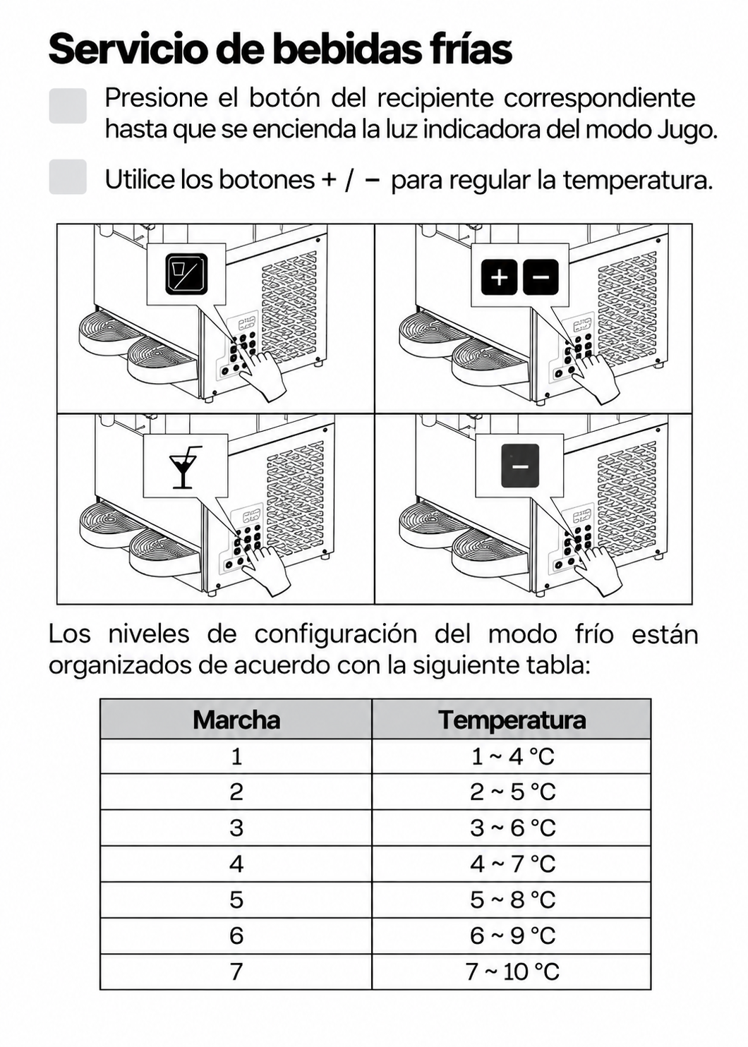Selección del modo bebida fría y tabla de temperatura — Rhino MAGRA-2T