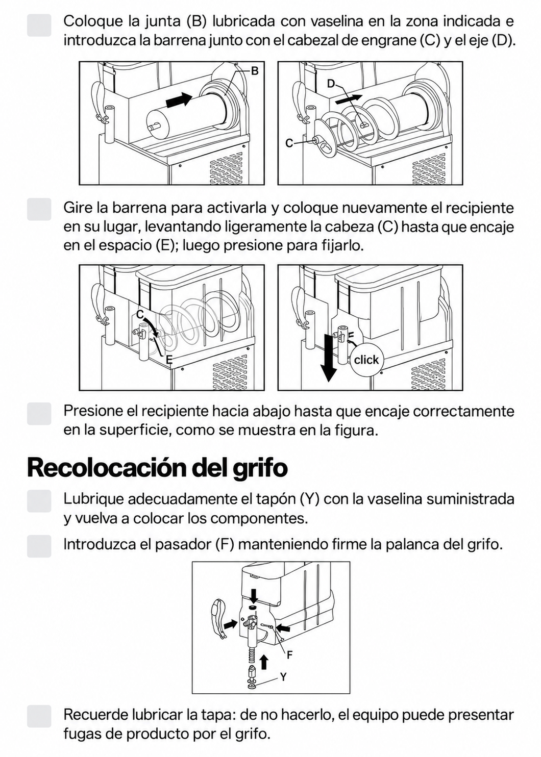 Reensamblaje de barrena, depósito y grifo de la granizadora — Rhino MAGRA-2T
