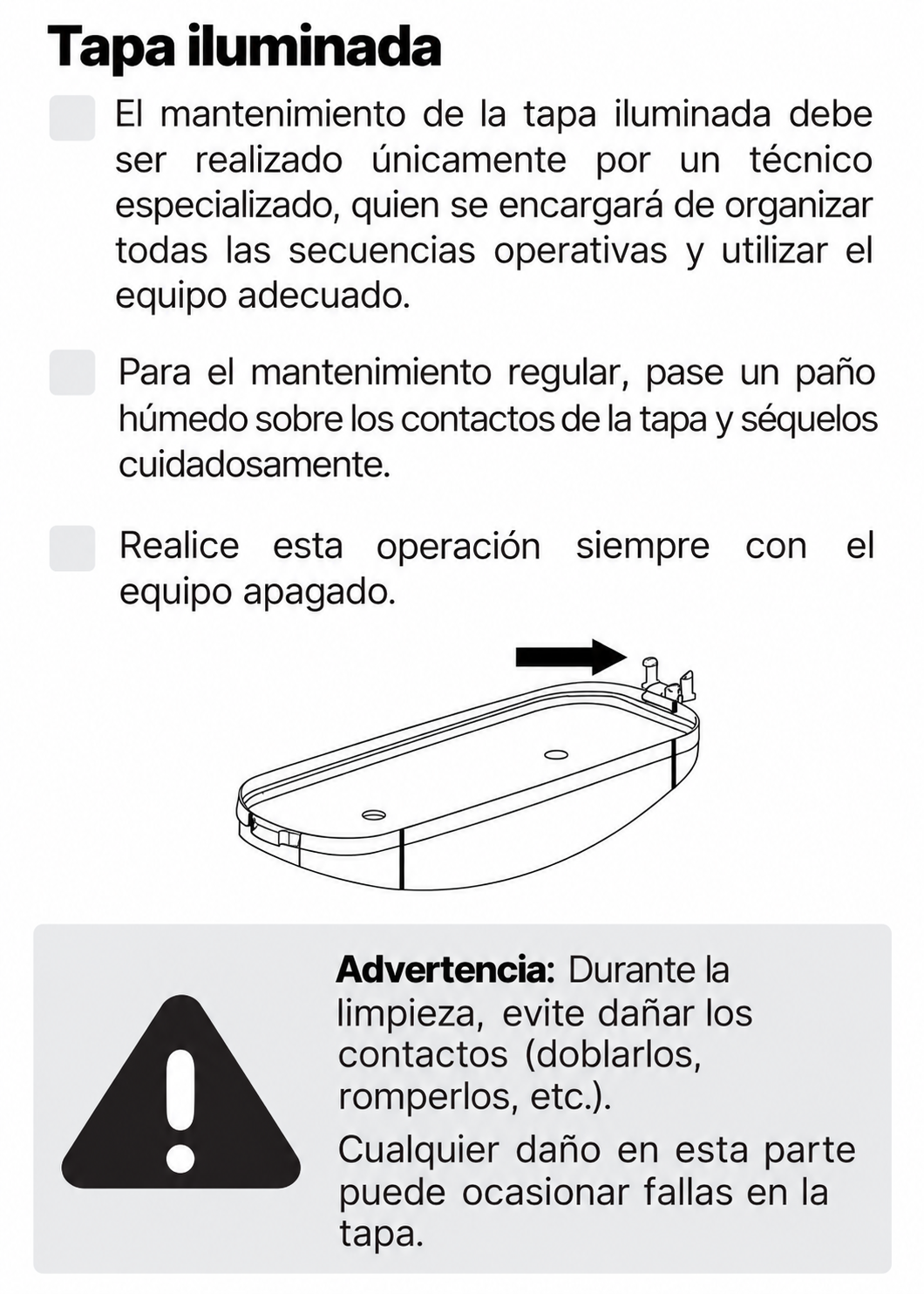 Indicaciones de mantenimiento de la tapa iluminada — Rhino MAGRA-2T