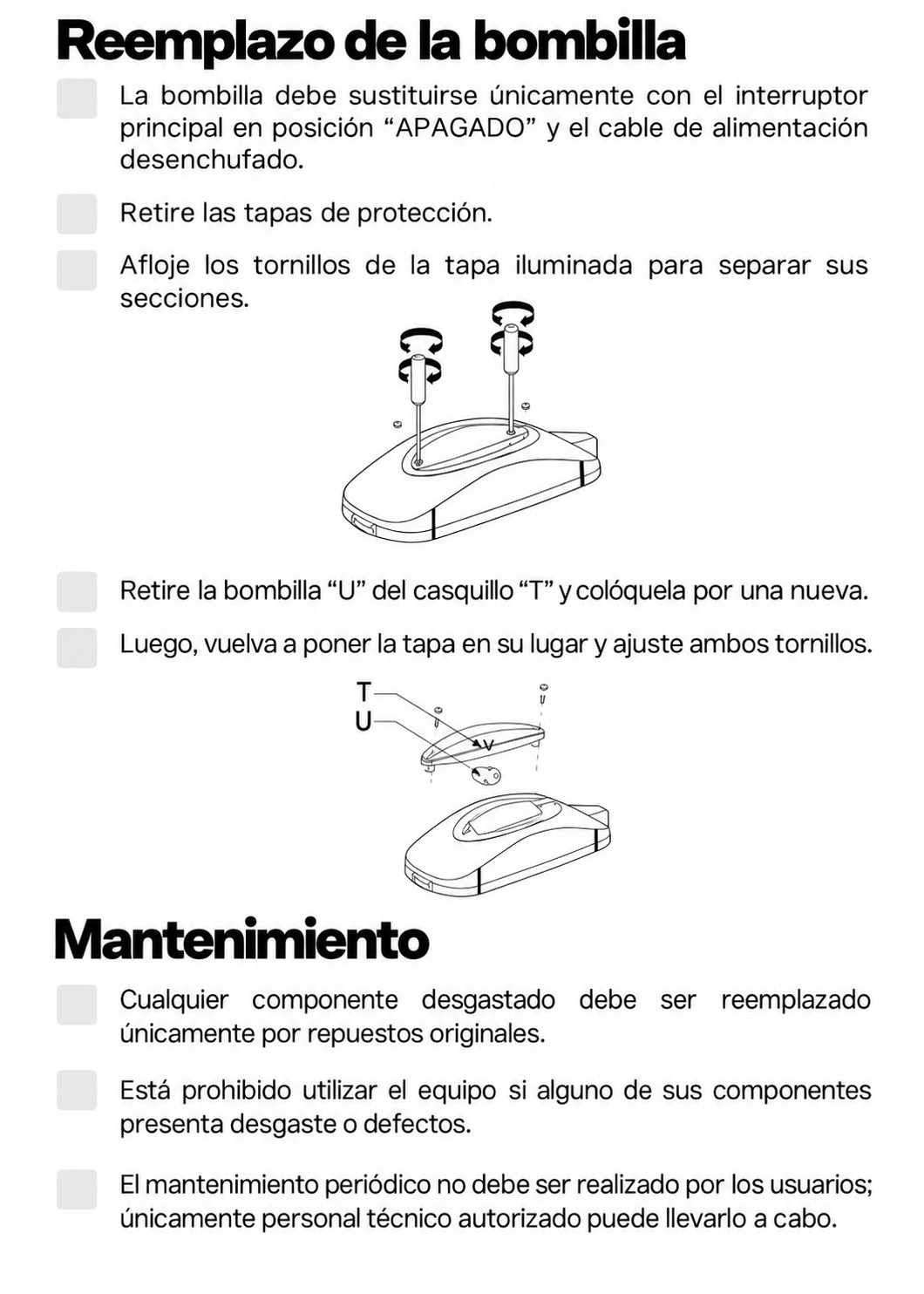 Diagrama de reemplazo de bombilla y mantenimiento técnico — Rhino MAGRA-2T