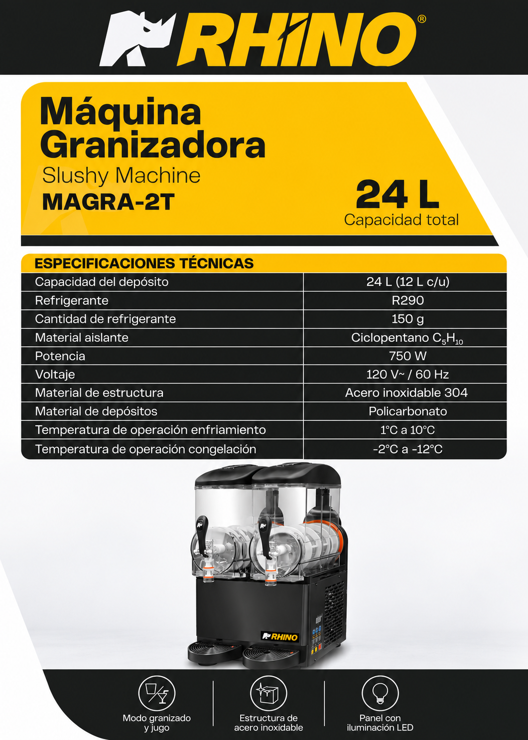 Ficha técnica de la granizadora de 24 L con dos depósitos de 12 L — Rhino MAGRA-2T