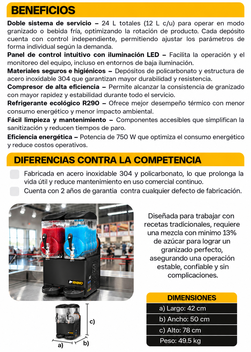 Ficha de funciones, composición de mezcla y dimensiones de la granizadora — Rhino MAGRA-2T