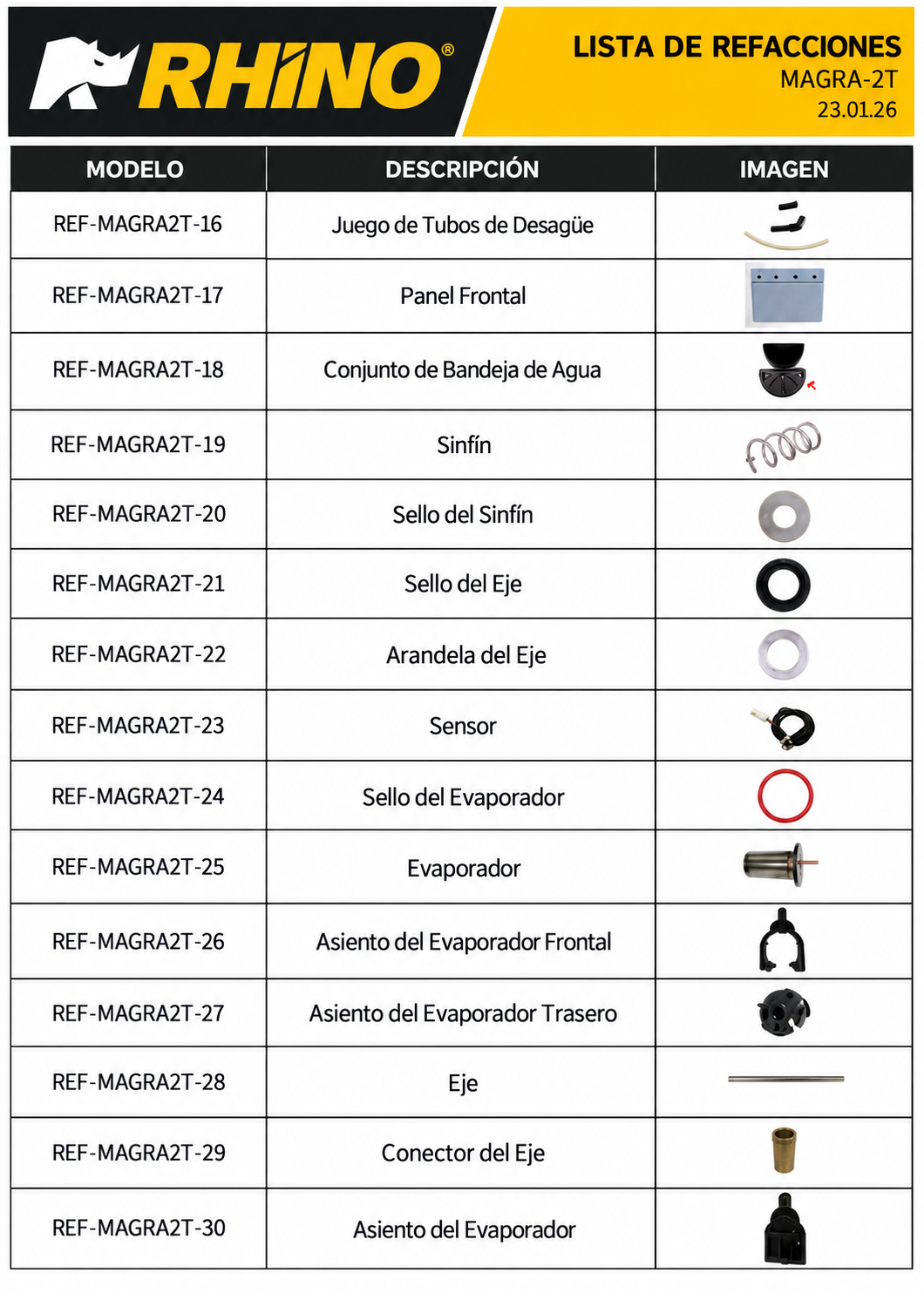 Catálogo de refacciones: bandeja, sinfín, sellos y evaporador — Rhino MAGRA-2T