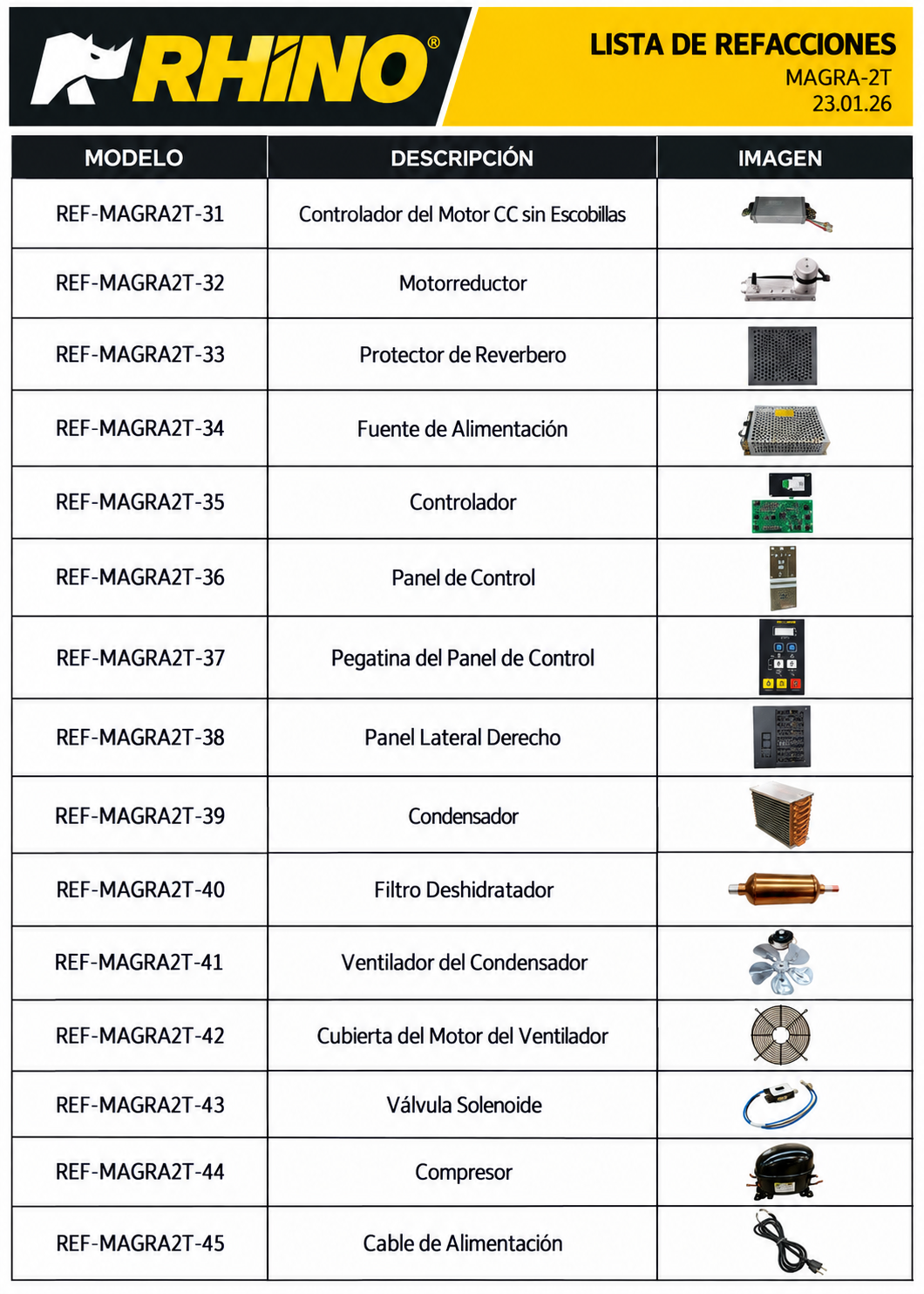 Catálogo de refacciones: controles, condensador, ventilador y compresor — Rhino MAGRA-2T