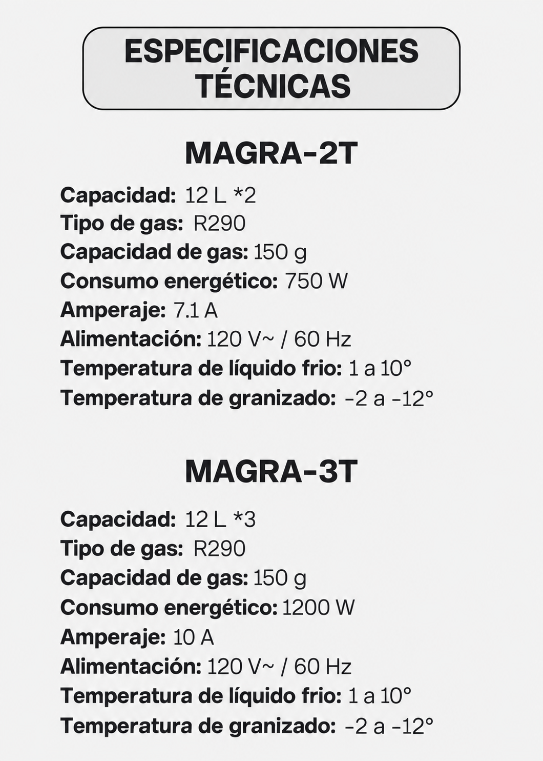 Comparación de especificaciones de los modelos MAGRA-2T y MAGRA-3T — Rhino MAGRA-2T
