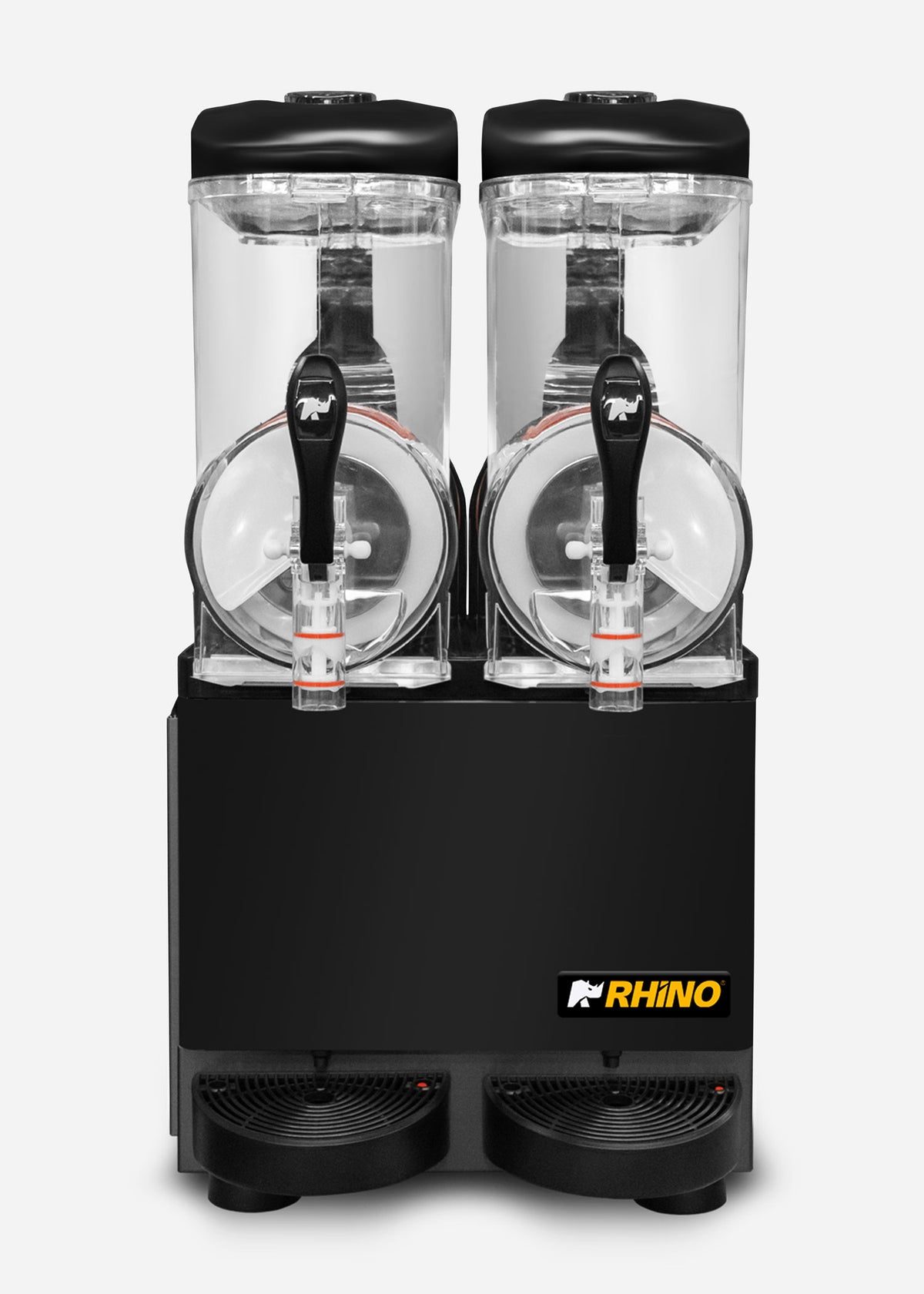 Vista frontal de la granizadora con dos grifos y bandejas de goteo — Rhino MAGRA-2T