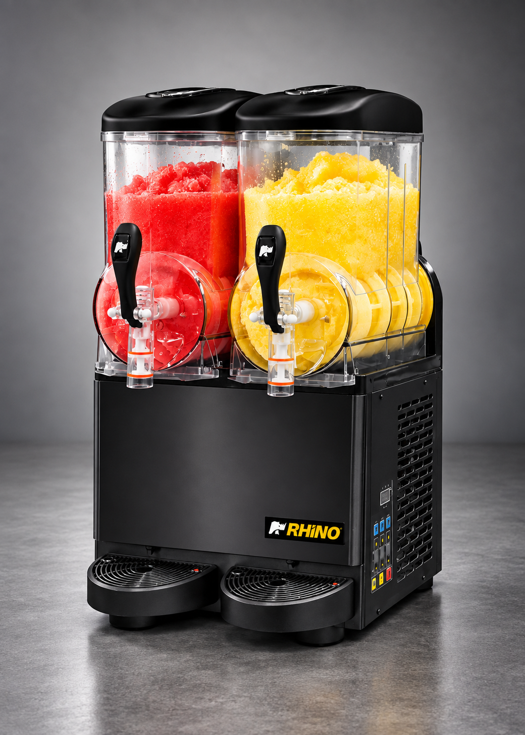 Granizadora de dos depósitos con bebidas granizadas roja y amarilla — Rhino MAGRA-2T