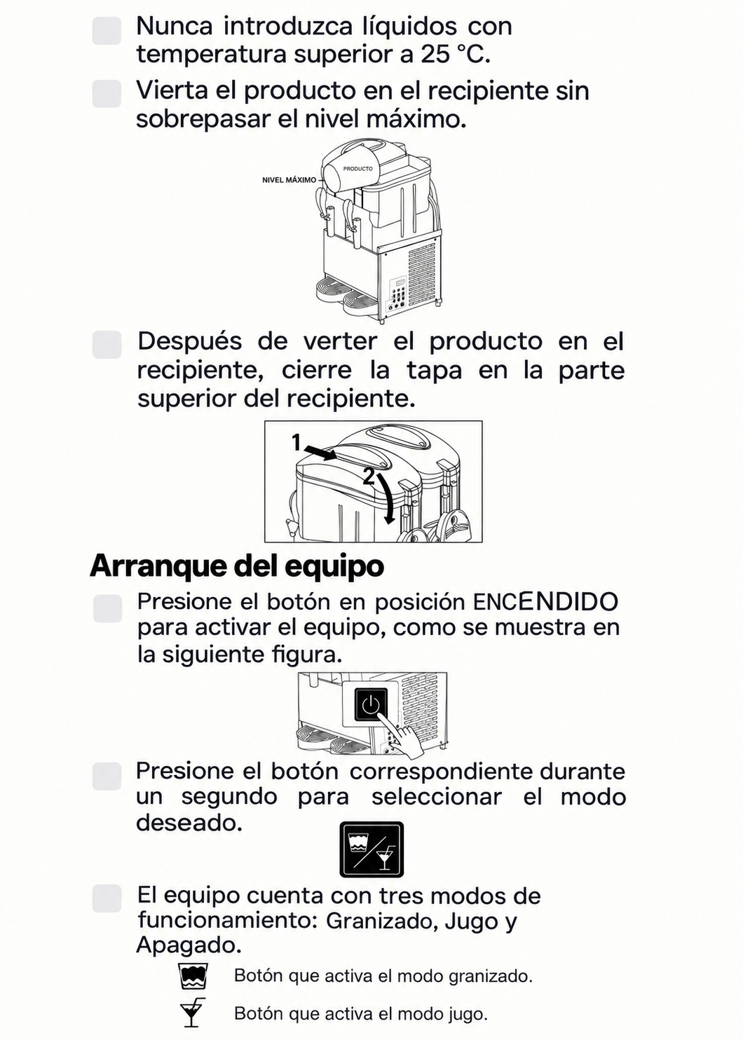 Instrucciones de llenado, cierre de tapas y arranque del equipo — Rhino MAGRA-2T