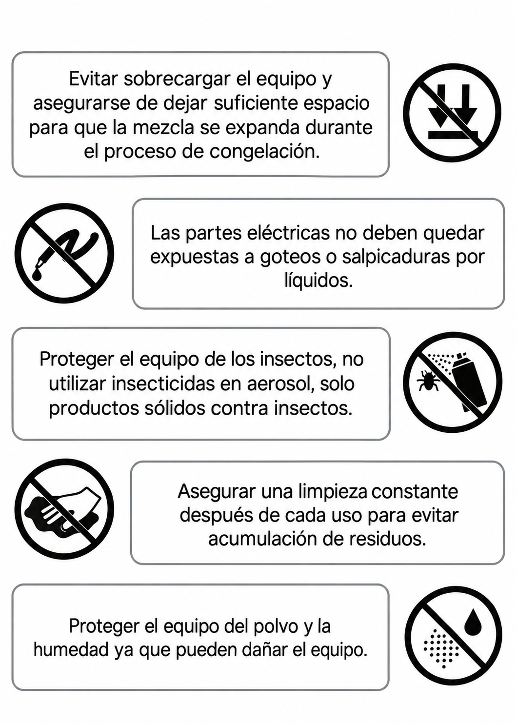 Advertencias sobre sobrecarga, líquidos y limpieza del equipo — Rhino HELA-1.5P