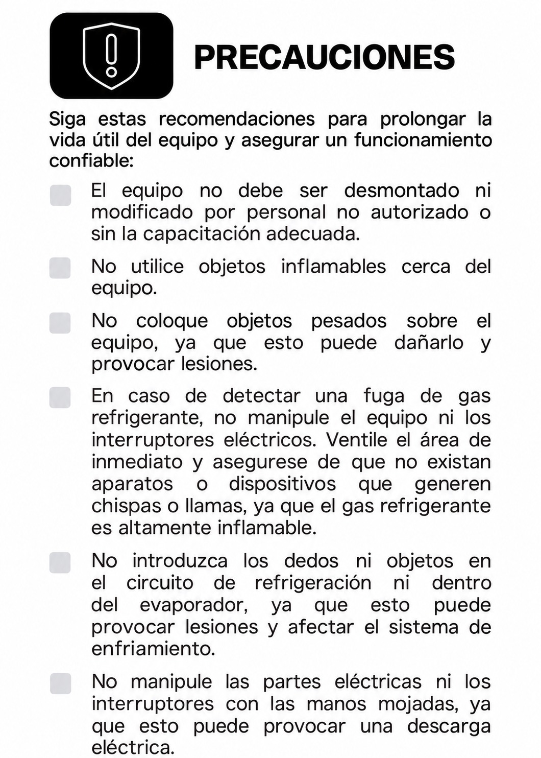 Precauciones de mantenimiento y manipulación de la heladera — Rhino HELA-1.5P