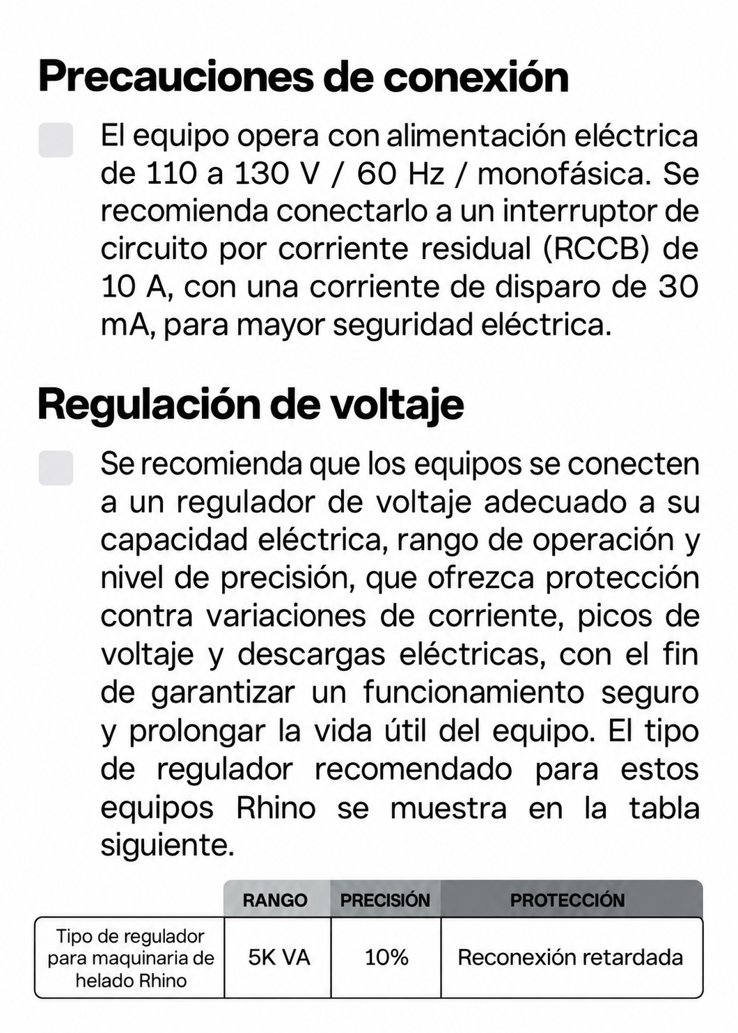Requisitos de conexión eléctrica y regulación de voltaje del manual — Rhino HELA-1.5P