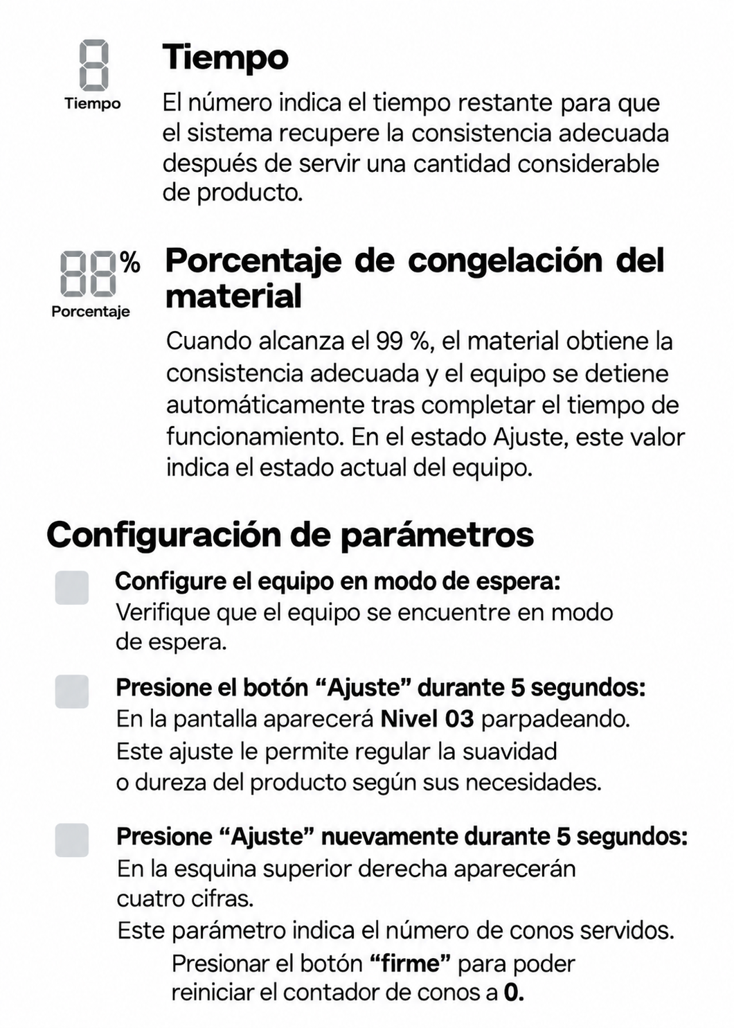 Indicadores de tiempo y congelación, y configuración de parámetros — Rhino HELA-1.5P