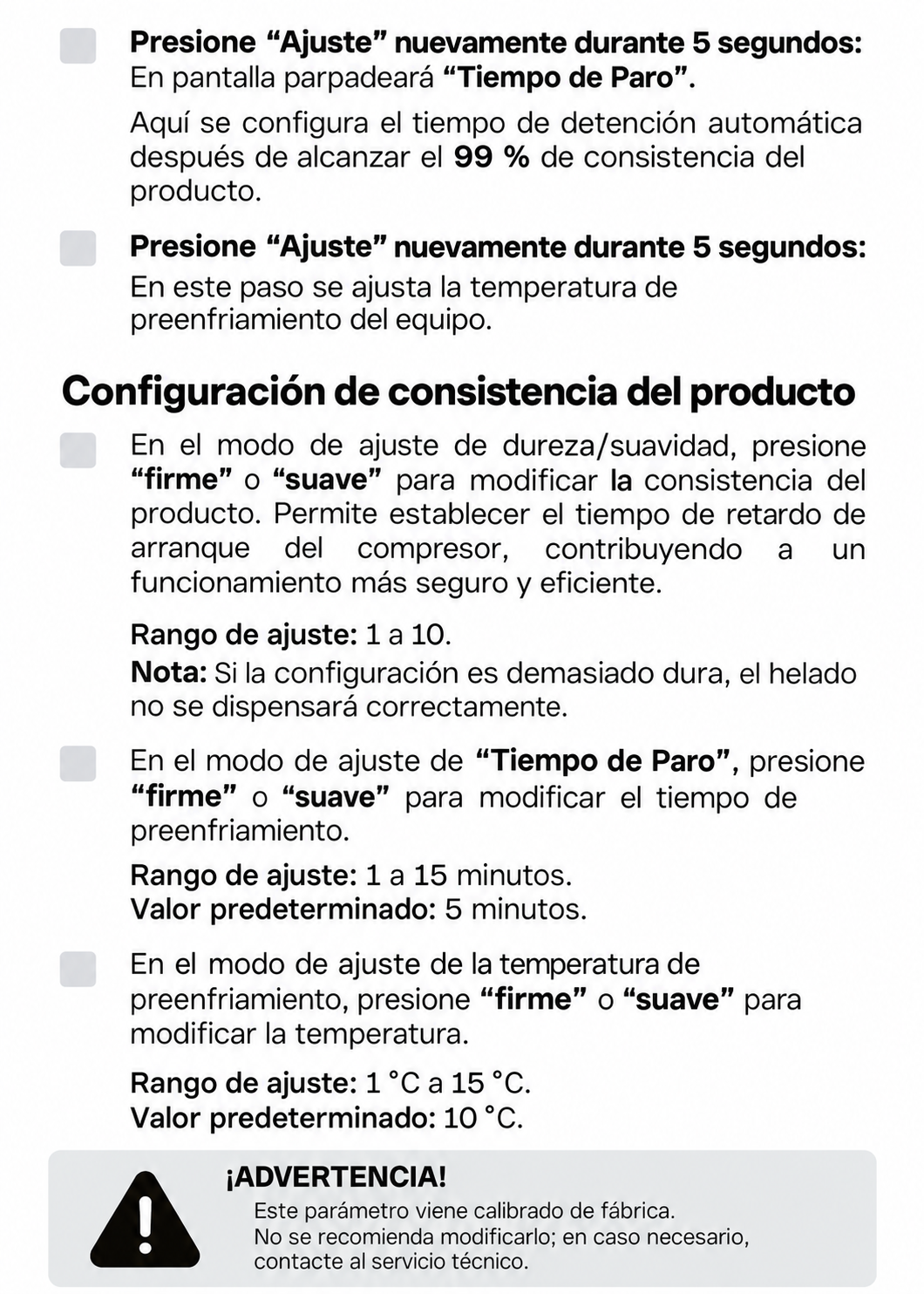 Ajustes de consistencia y preenfriamiento descritos en el manual — Rhino HELA-1.5P
