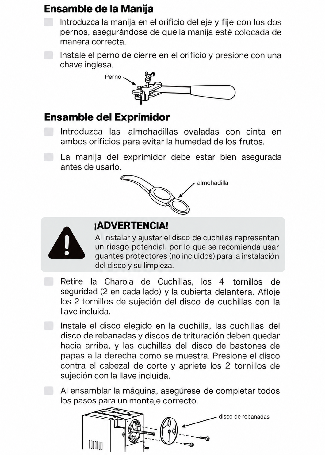 Página con diagramas de ensamble de manija, exprimidor y disco de rebanado