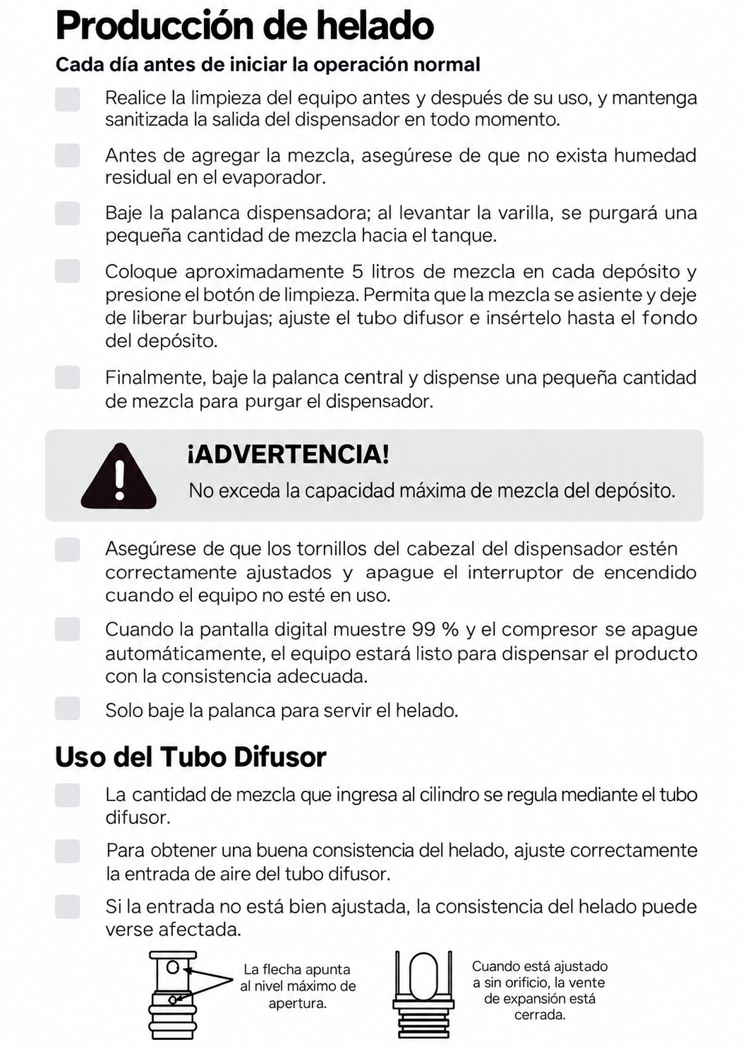 Instrucciones de producción de helado y ajuste del tubo difusor — Rhino HELA-1.5P