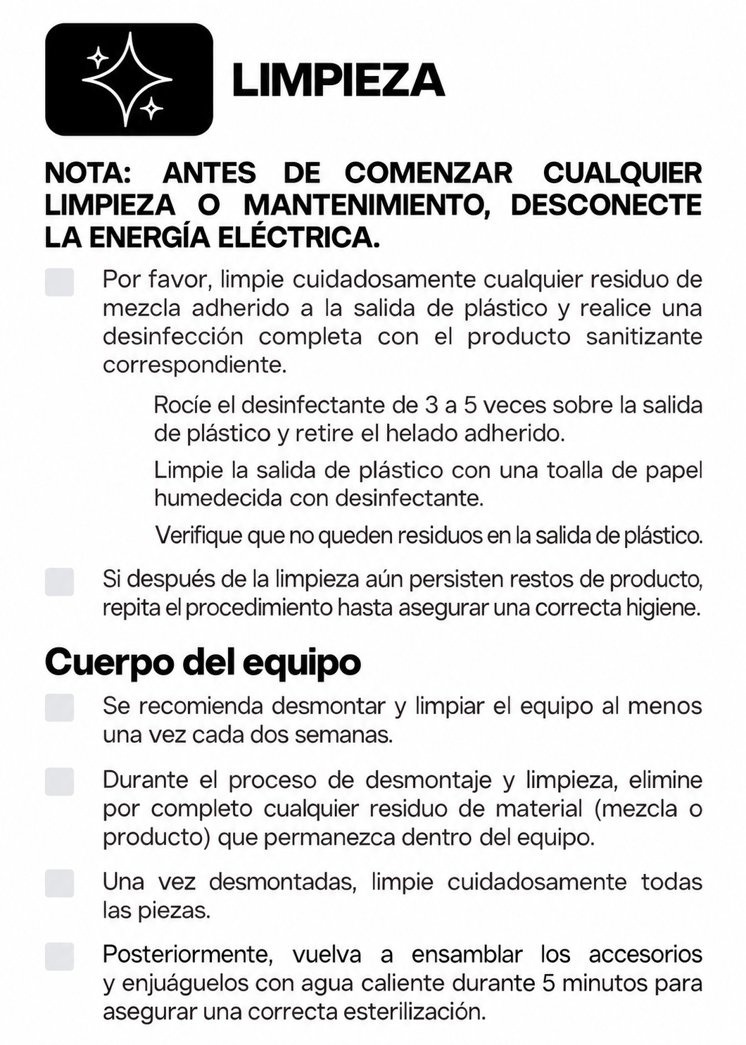 Instrucciones de limpieza del cuerpo y del dispensador de helado — Rhino HELA-1.5P