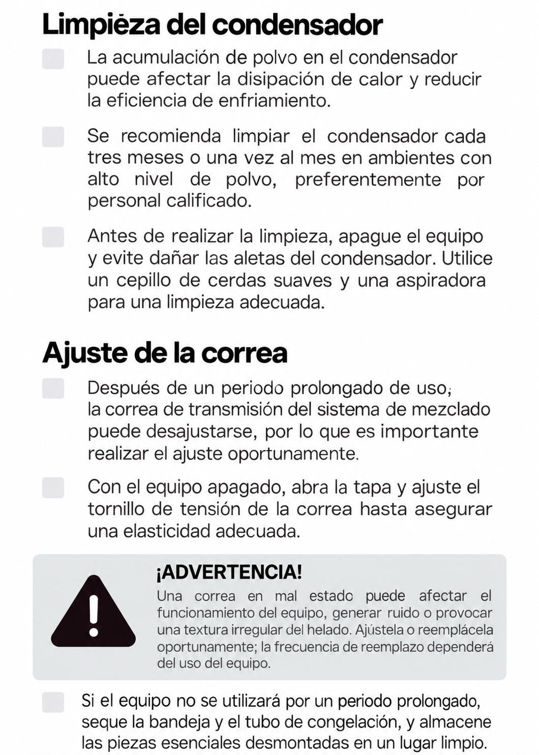 Mantenimiento del condensador y ajuste de la correa — Rhino HELA-1.5P