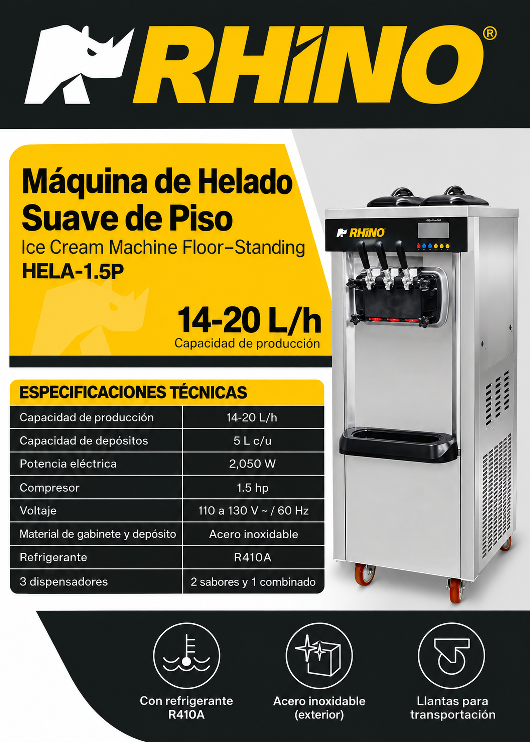 Ficha técnica de la heladera de piso: dos depósitos de 5 L y potencia de 2050 W — Rhino HELA-1.5P