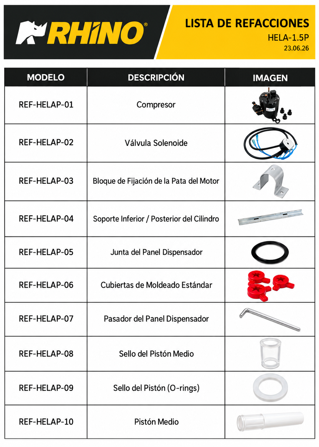 Catálogo de refacciones: compresor, válvula, soportes y sellos — Rhino HELA-1.5P