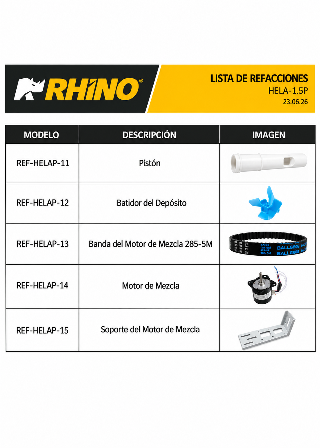 Catálogo de refacciones: pistón, batidor de depósito, banda y motor de mezcla — Rhino HELA-1.5P