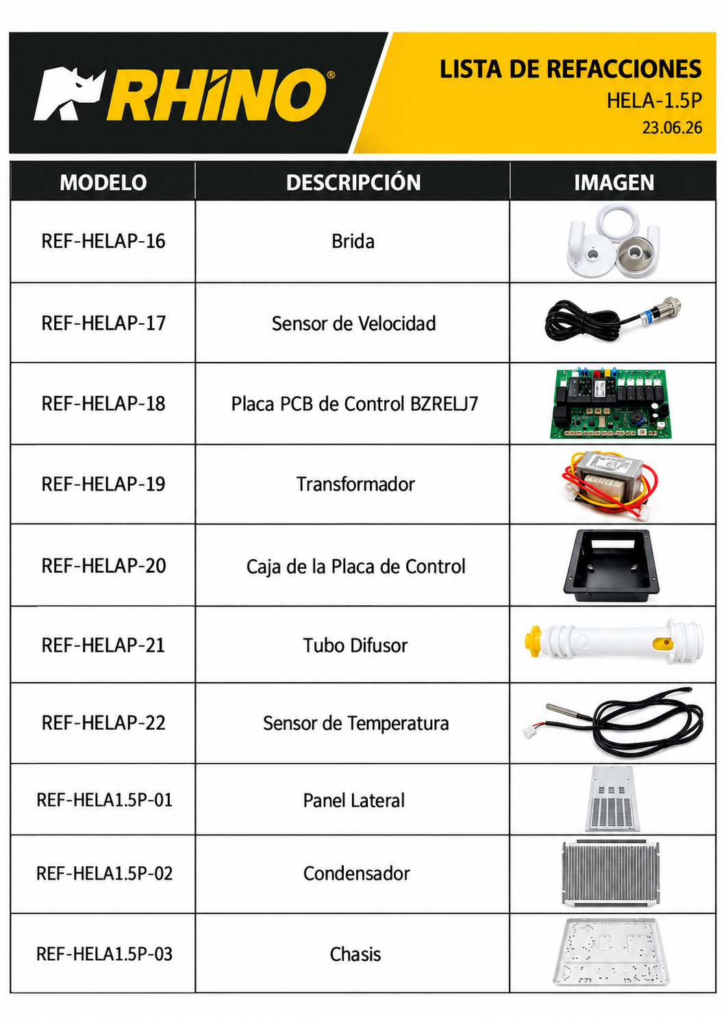 Catálogo de refacciones: sensores, tarjeta de control, condensador y chasis — Rhino HELA-1.5P
