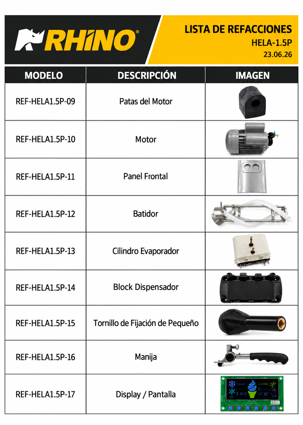 Catálogo de refacciones: motor, batidor, evaporador, dispensador y pantalla — Rhino HELA-1.5P