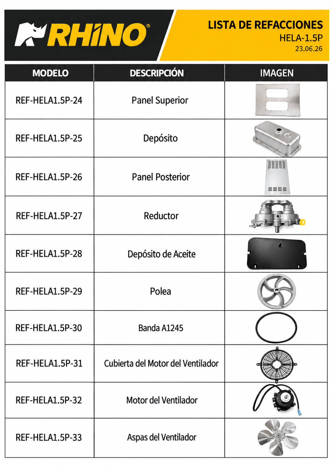 Catálogo de refacciones: depósito, reductor, polea y ventilador — Rhino HELA-1.5P