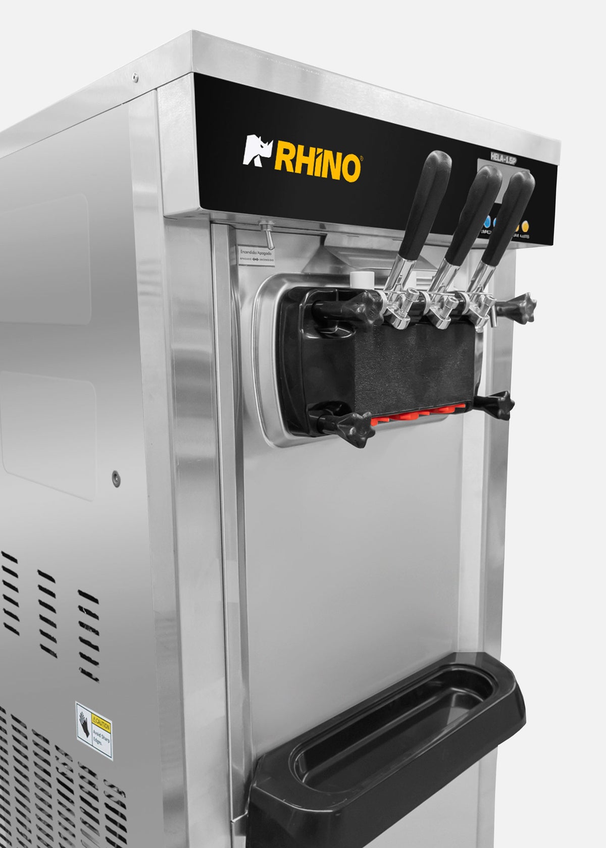 Detalle de las tres palancas dispensadoras y del panel frontal — Rhino HELA-1.5P