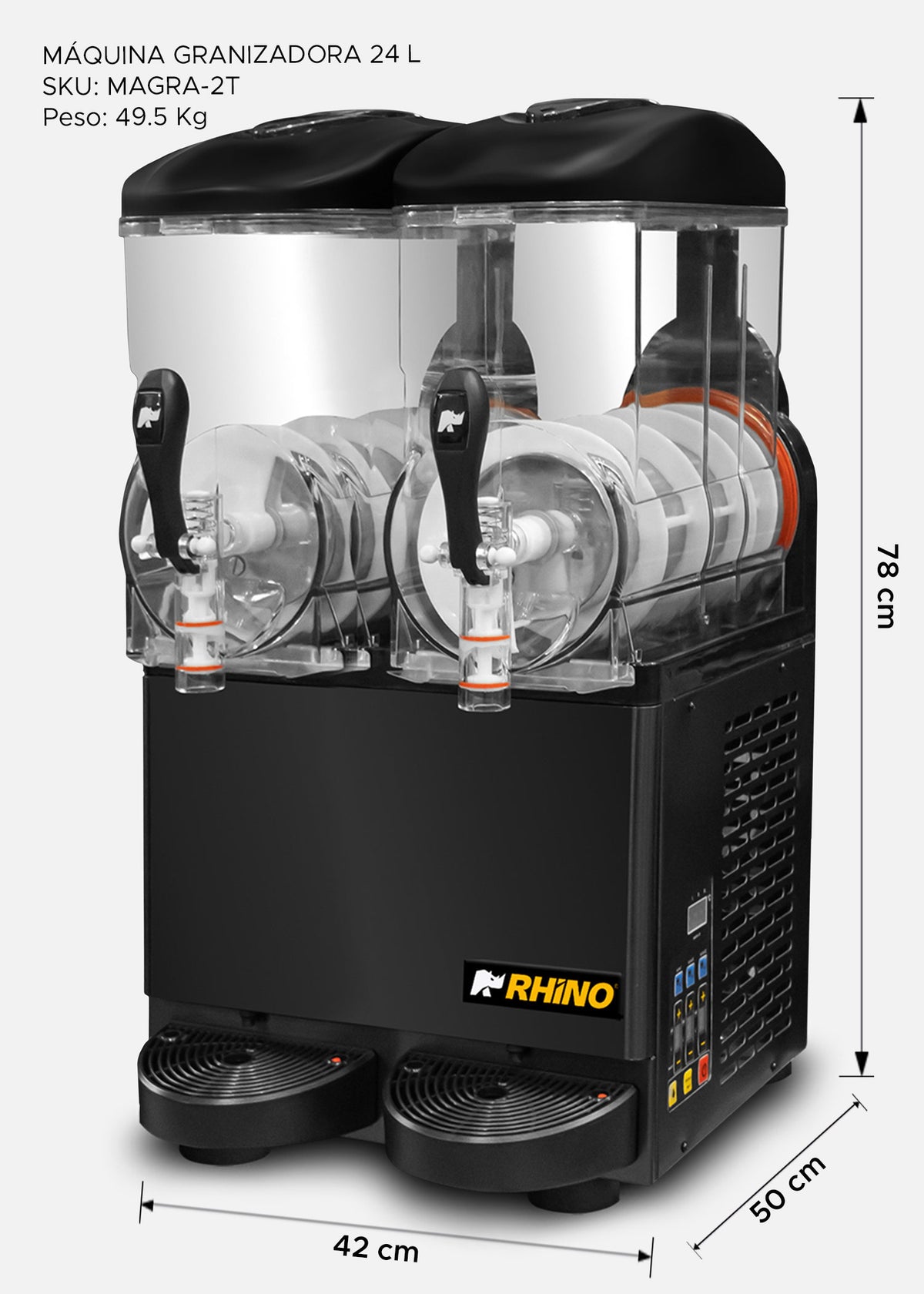 Máquina granizadora Rhino MAGRA-2T de dos depósitos, con diagrama de dimensiones