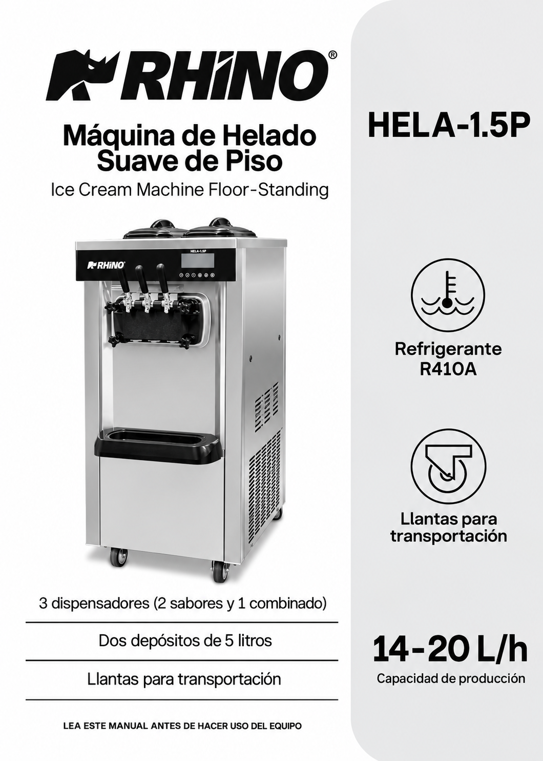 Portada del manual de la máquina de helado suave de piso — Rhino HELA-1.5P
