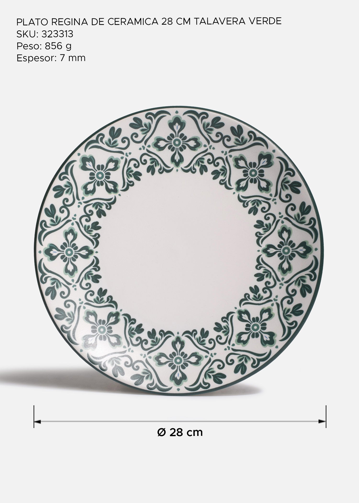 Plato Regina blanco con diseño floral verde Talavera