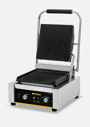 Plancha panini abierta con placas acanaladas, asa y dos controles frontales — Rhino PLANPA-1800
