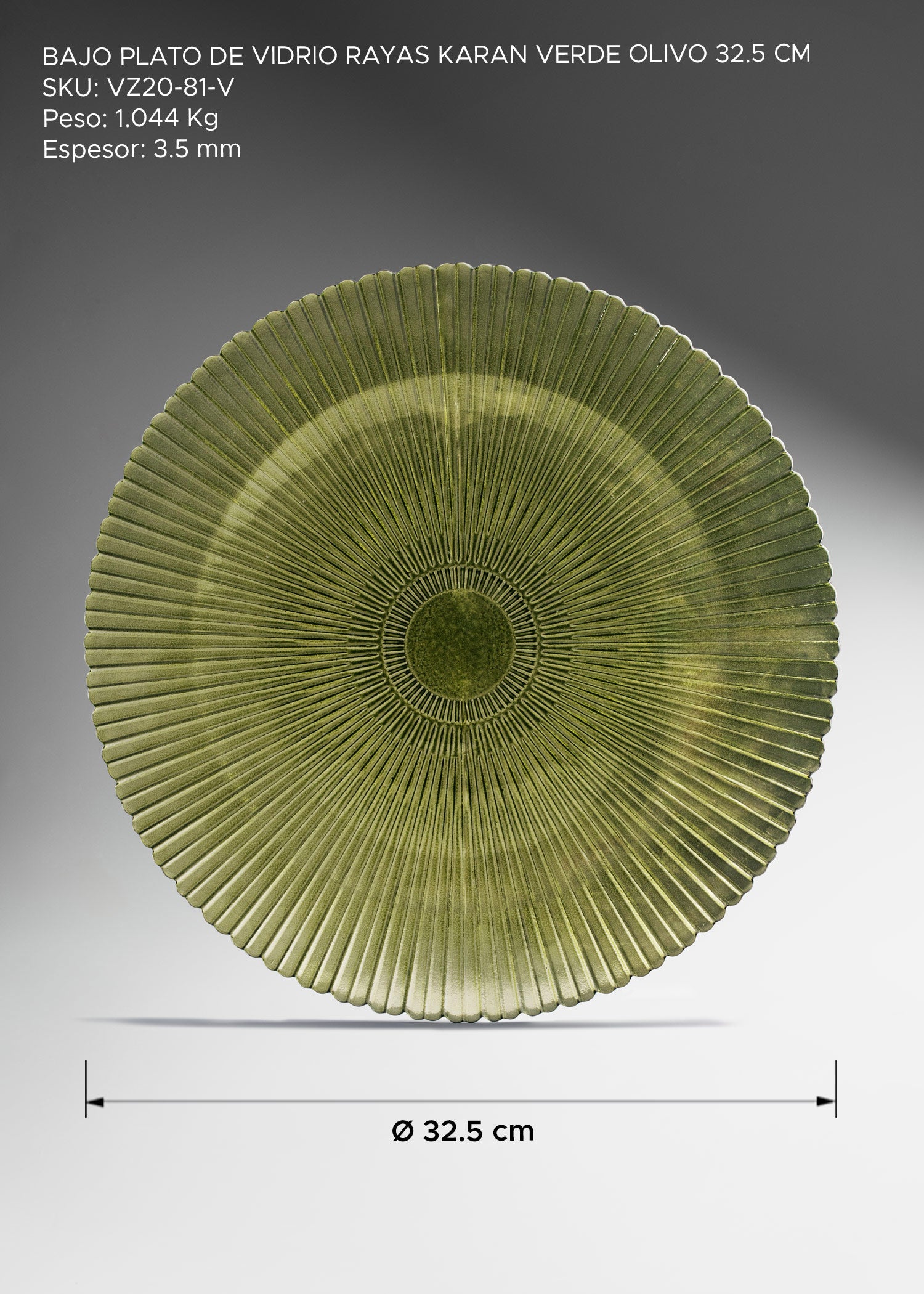 Plato base de vidrio con rayas verde olivo Karan Ø 32.5 cm