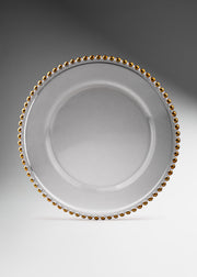 Plato base de vidrio transparente con filo dorado Perla Ø 21 cm para banquetes, hoteles, restaurantes, bodas y eventos