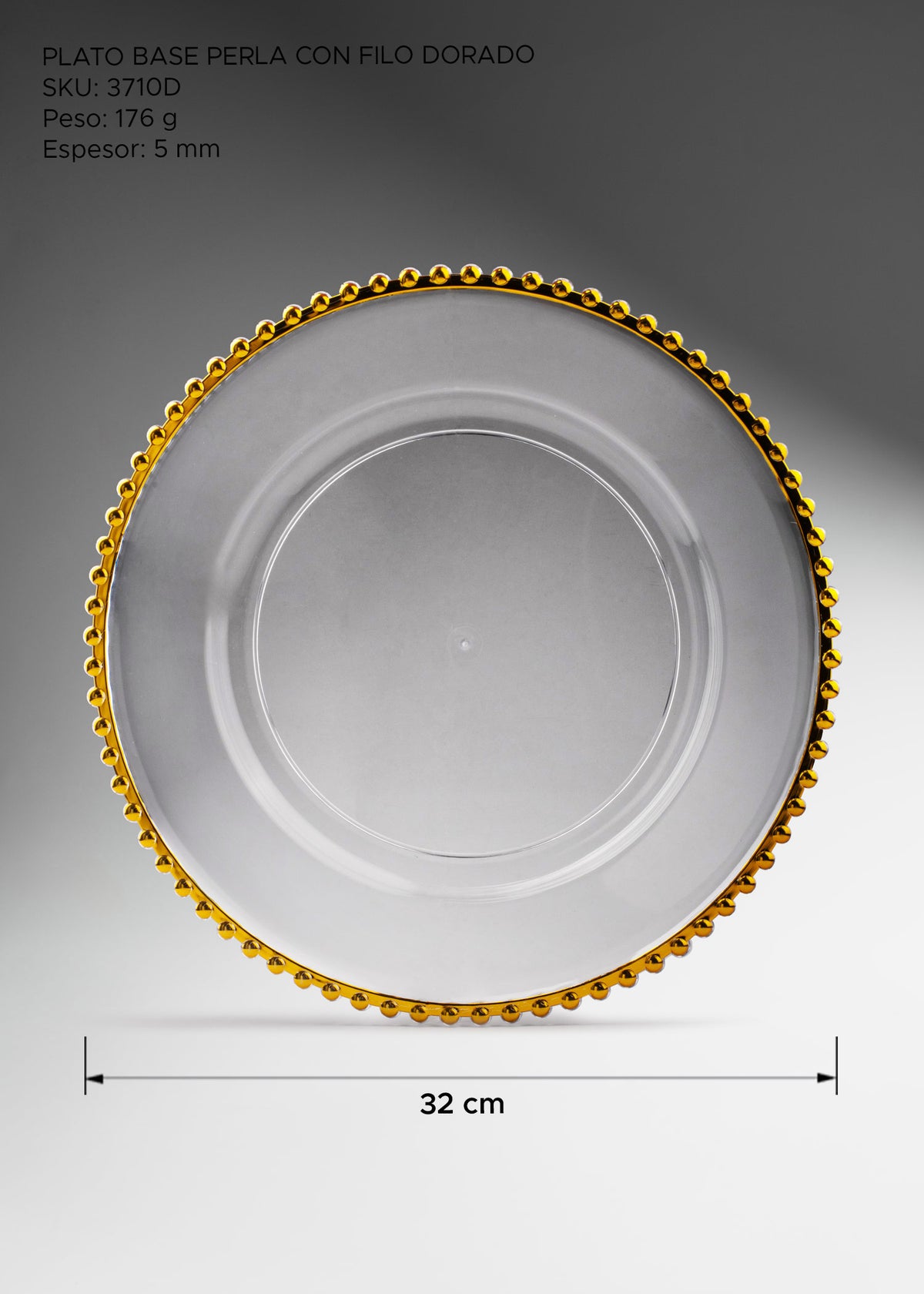Detalle de Plato base de vidrio transparente con filo dorado Perla Ø 32 cm para banquetes, hoteles, restaurantes, bodas y eventos