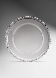Plato base de vidrio transparente con filo plata Perla Ø 21 cm para banquetes, hoteles, restaurantes, bodas y eventos