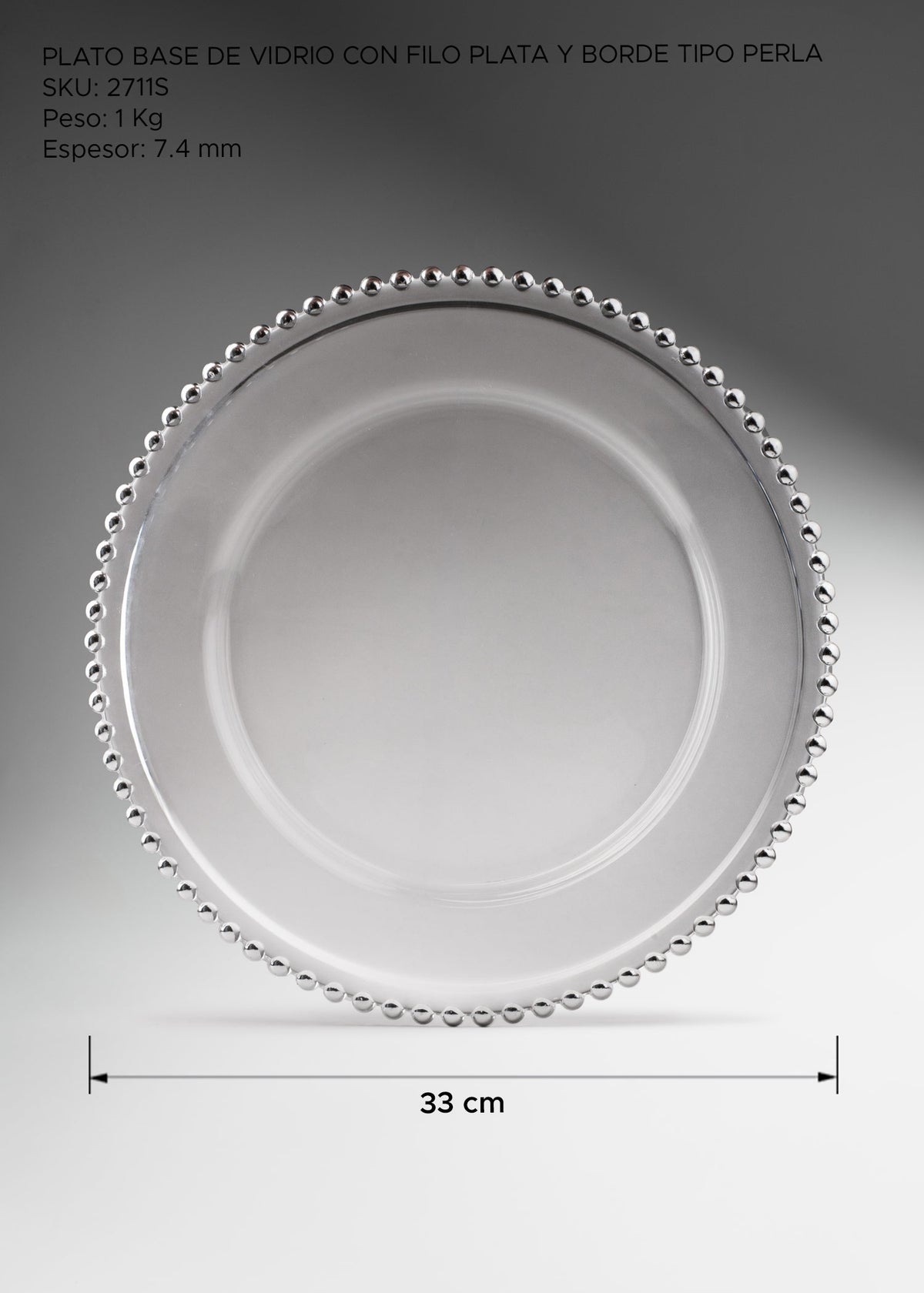 Detalle de Plato base de vidrio transparente con filo plata Perla Ø 21 cm para banquetes, hoteles, restaurantes, bodas y eventos