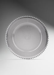 Plato base de vidrio transparente con filo plata Perla Ø 32 cm para banquetes, hoteles, restaurantes, bodas y eventos
