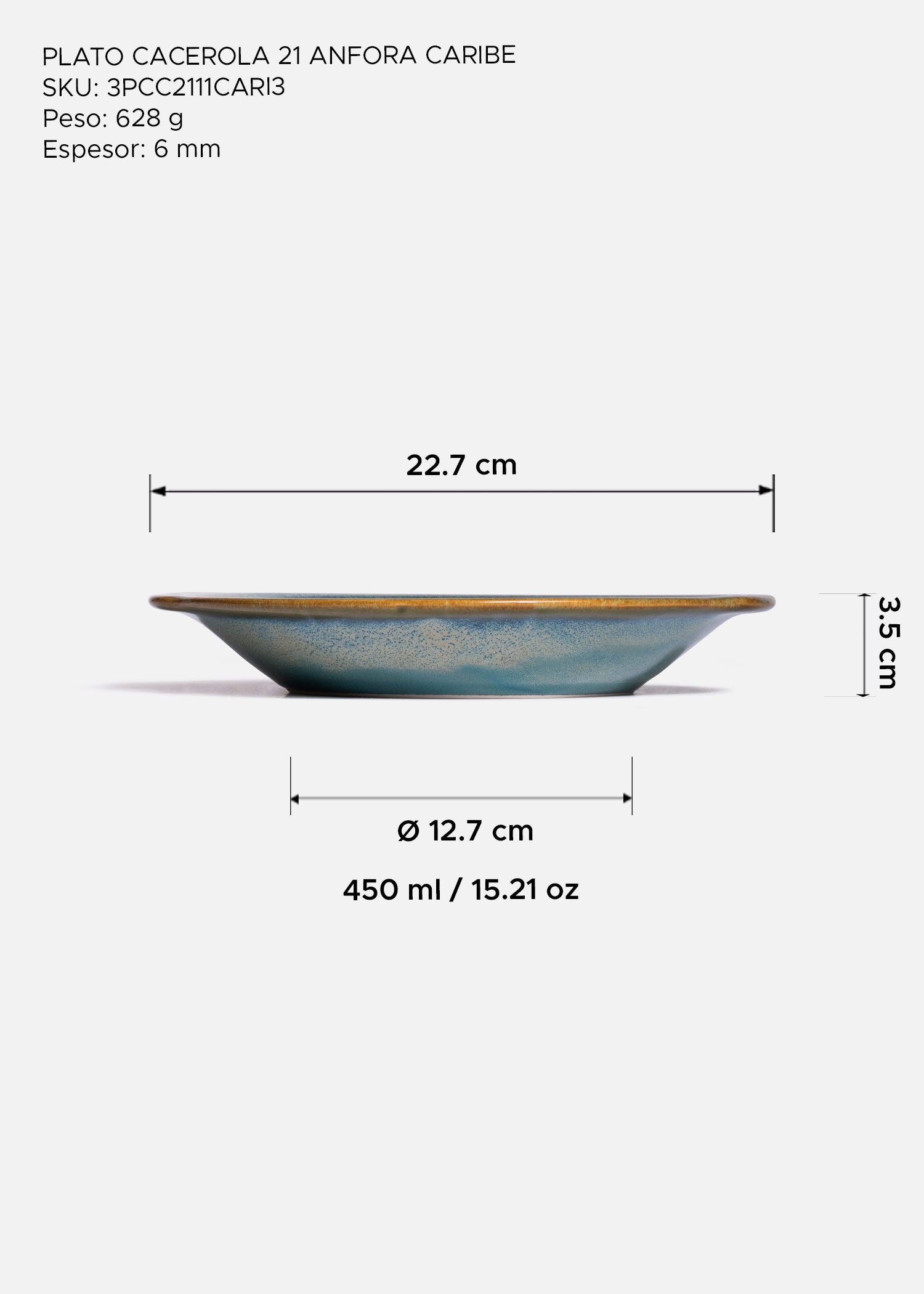 Plato de porcelana azul Caribe con borde ámbar