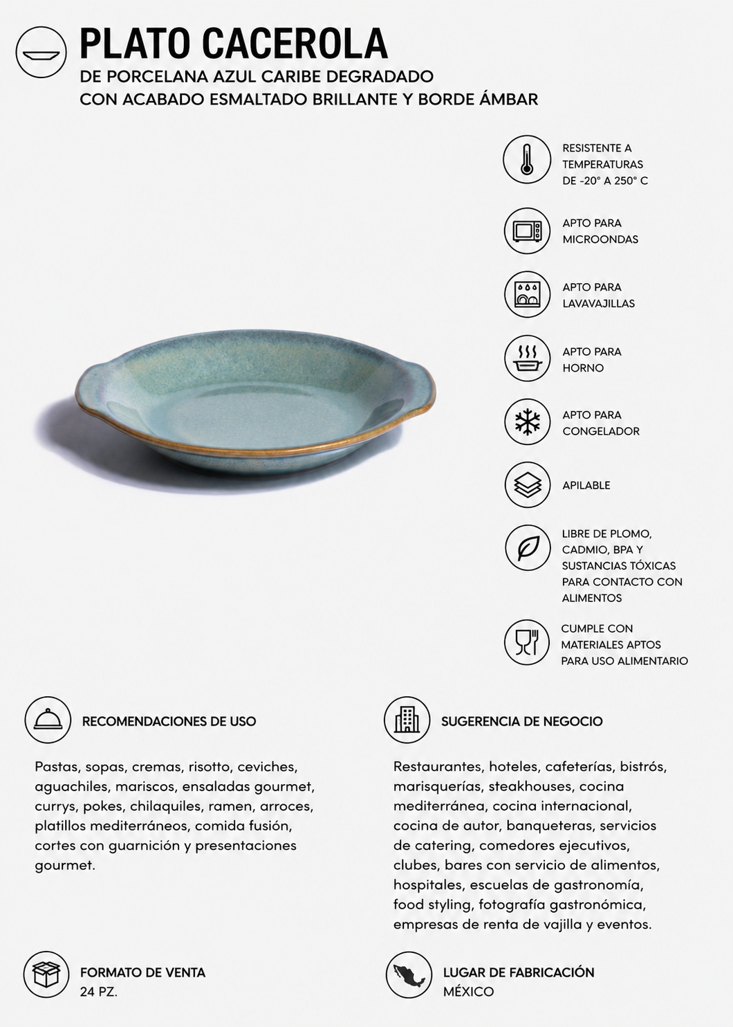 Vista frontal de plato cacerola azul Caribe de 450 ml