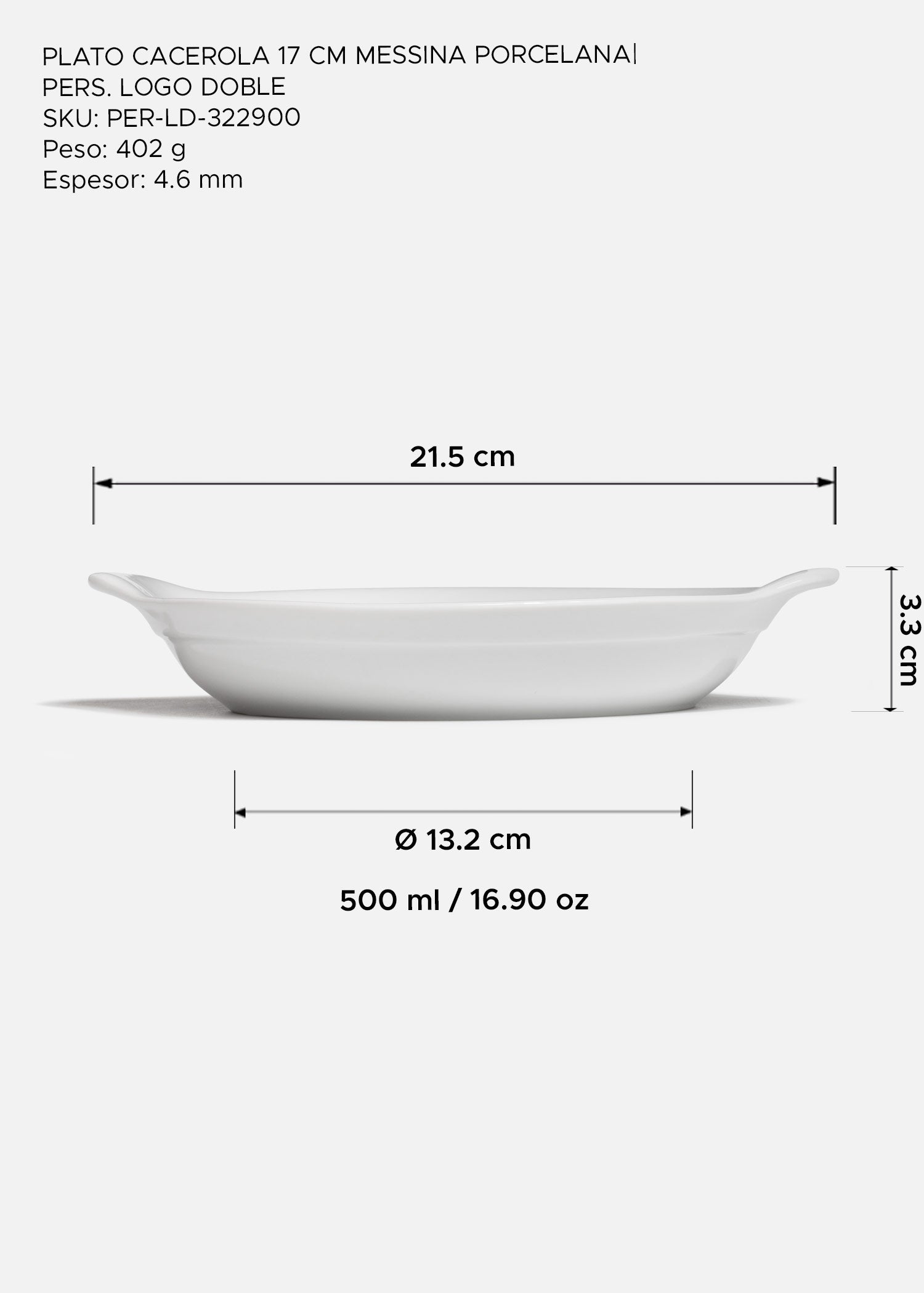 Plato cacerola de porcelana blanco personalizado logo doble Messina 17 cm