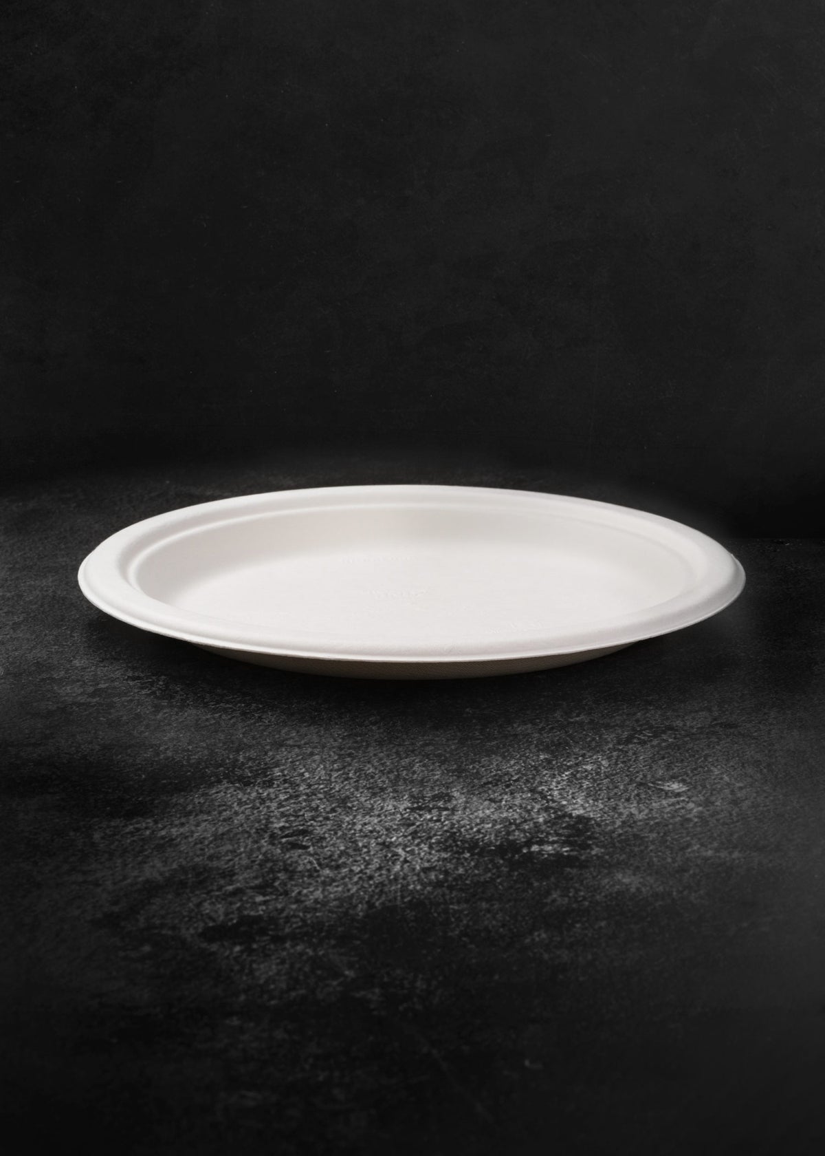 Vista lateral del plato compostable blanco, con su borde y superficie para servir alimentos.