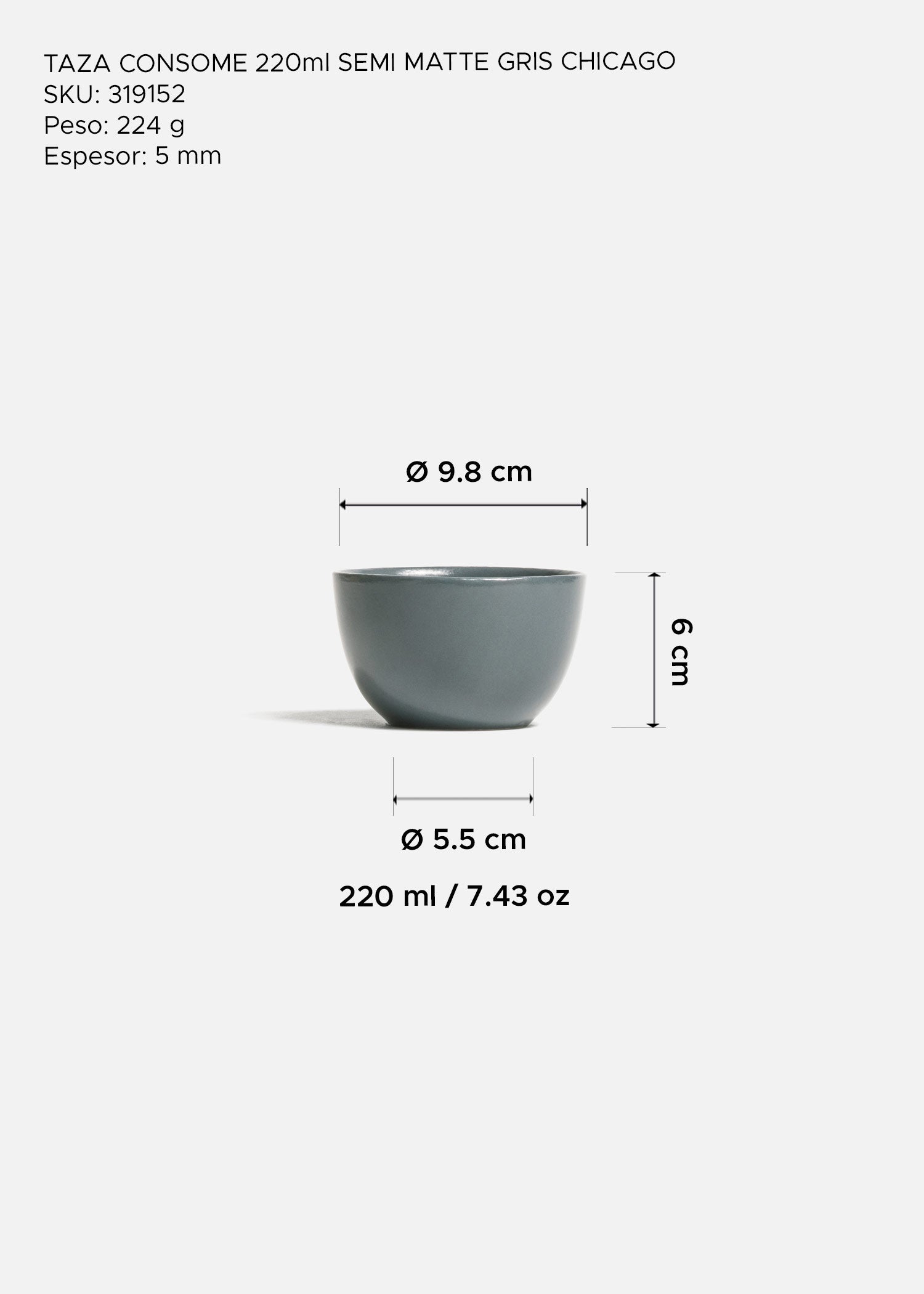 Plato para consomé de cerámica semi mate gris Chicago 220 ml - Ø 9.8 cm